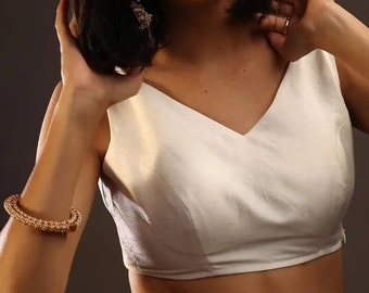Handmade White Silk Saree Blouse: Sleeveless Indian Designer Top