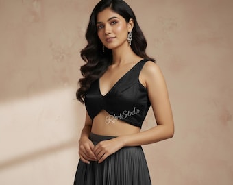 Handmade Black Silk Saree Blouse: Sleeveless V-Neck Designer Top