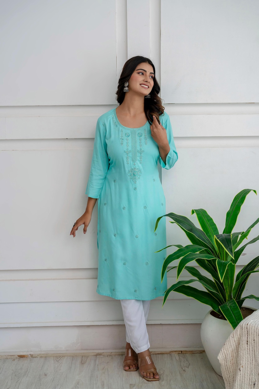 JG Set Di Kurti E Pantaloni Donna In Rayon Con Ricami - Abito Estivo Floreale Con Dupatta - Vestito Etnico Indiano