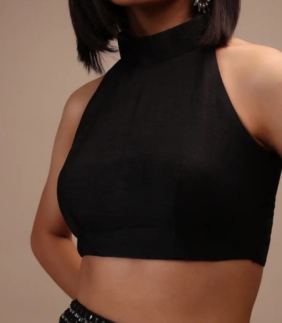 Beautiful Indian Designer Silk Fabric Black Colour Halter Neck Sleeveless Handmade Blouse Saree Blouse Indian Blouse Free Shipping Etsy UK