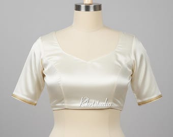 Handmade White Silk Saree Blouse: Indian Designer Half Sleeve