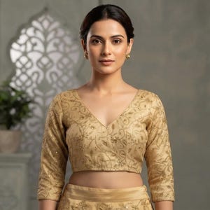Handmade Sequence Floral Embroidered Work Saree Blouse: Indian Designer 3/4 Sleeve