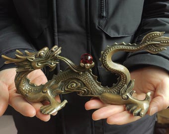 Bronze Chinese Dragon Statue Feng Shui Zodiac Decor(22x10cm)