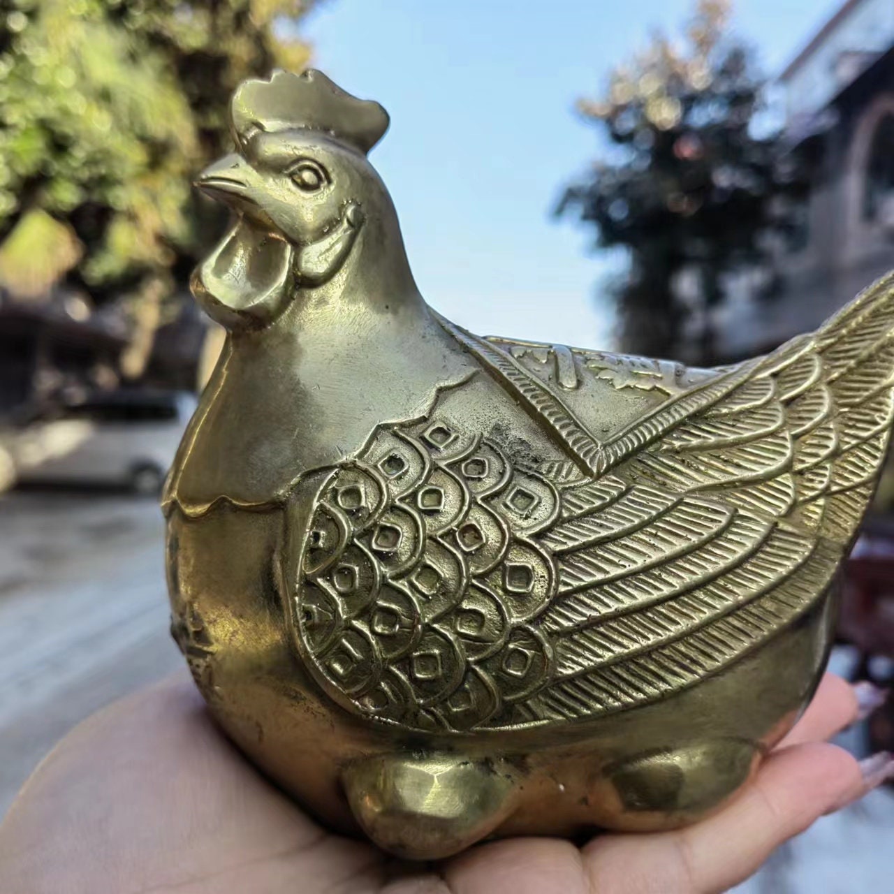 ヴィンテージ銅製 鶏の幸運の像 - オフィス動物フィギュア テーブル