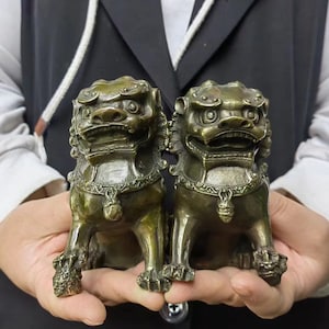 Asian Copper Evil Fu Foo Dog Lion Statue Pair Signed, Old Antiques Chinese Bronze Fu Foo Dog Guardian Lion Statues, Marked Feng Shui PDD262