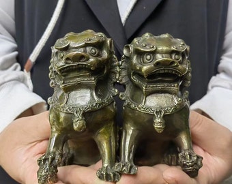 Pair Vintage style Copper Fu Foo Lion Statue Pair Signed,Old Antiques Chinese Bronze Fu Foo Dog Guardian Lion Statues,Marked FengShui PDD262