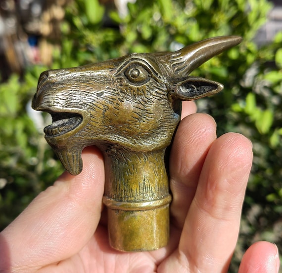 Antique Solid Brass Goat Head Handle Walking Cane - Victorian Style Wooden Cane - Handmade - View #2