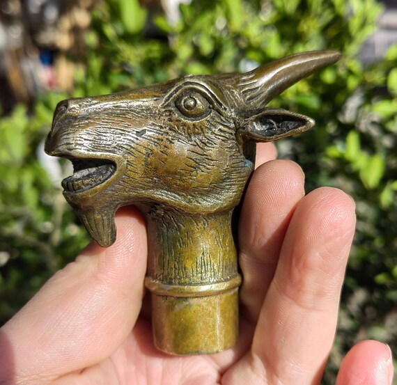 Antique Solid Brass Goat Head Handle Walking Stick – Victorian Style Wooden Cane, Handmade, Adjustable