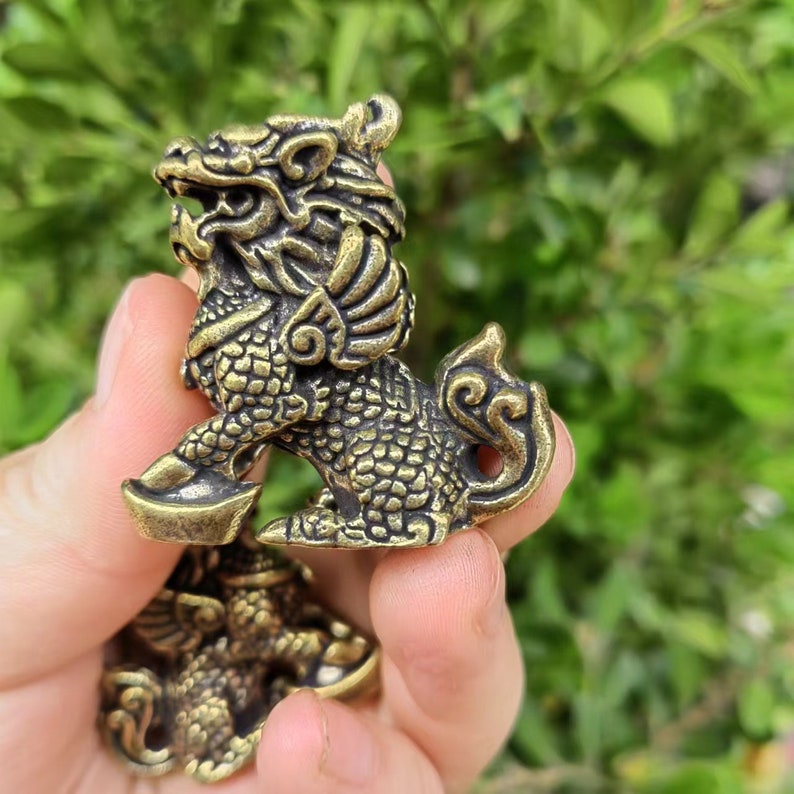 Pair Wealth QILIN Statue Feng Shui Decor Kirin,Copper kylin,Bronze unicorn Figurine,FINE Foo-Dogs Lion Temple Guardian,Fengshui DecorPDD254 image 5