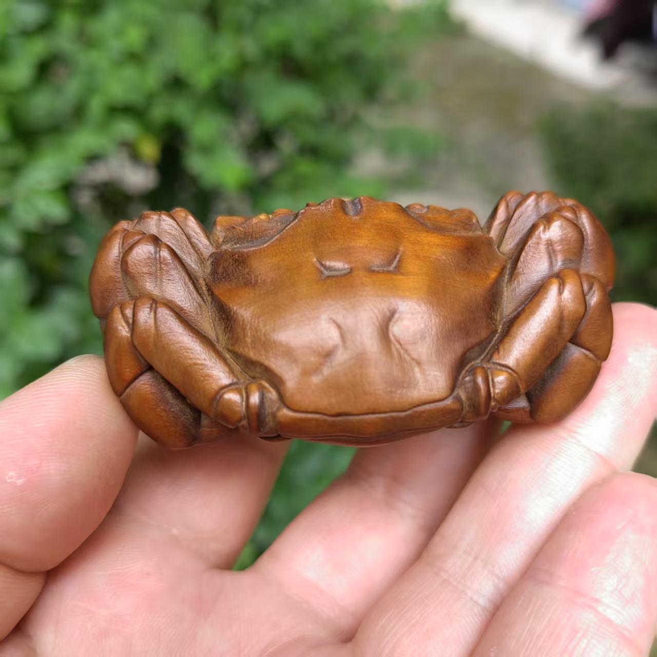 カニの像 木彫り 彫刻 完全手彫り カニの置物 ティーペット ギフト