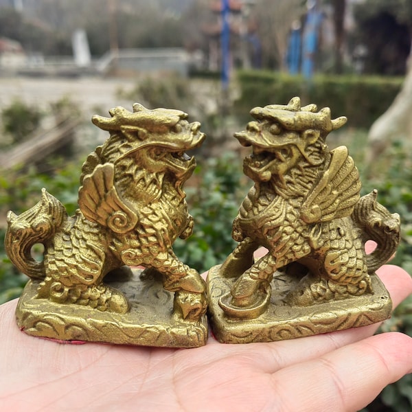 Pair Wealth QILIN Statue Feng Shui Decor Kirin,Copper kylin,Bronze unicorn Figurine,FINE Foo-Dogs Lion Temple Guardian,Fengshui Decor gift