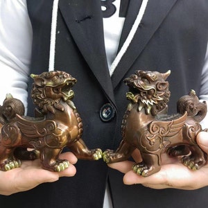 Pair Wealth Pixiu Statue Feng Shui Decor Kirin Pi xiu,Copper kylin,Bronze unicorn Figurine,dragon  Dog Lion Temple Guardian,Feng shui PDD258