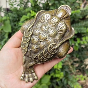 May include: A bronze-colored frog figurine with intricate detailing, holding a bag and coins. The frog has a coin in its mouth and is adorned with multiple coins along its body. The figurine is held in a hand against a backdrop of green foliage.