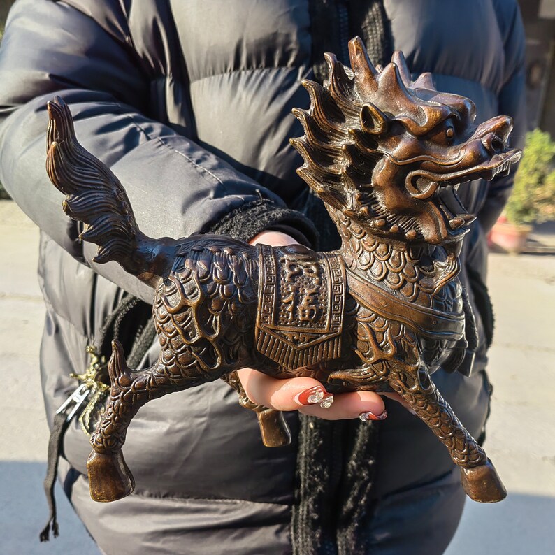 Pair Wealth QILIN Statue Feng Shui Decor Kirin Pi xiu,Copper kylin,Bronze unicorn Figurine,Foo-Dogs Lion Temple Guardian,Fengshui Decor gift image 8