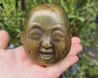Vintage Meditating Buddha Head Bust Small Zen  Meditation Copper Casting, Detail Decorative Metal Buddha Bust Thai Head of Anger Sorrow Joy