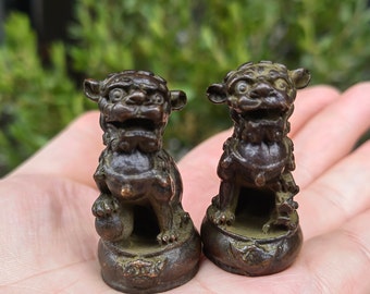 Pair Vintage style Copper Foo Lion Statue Pair Signed,Old Antiques Chinese Golden color Fu Dog Guardian Lion Statues,Marked Feng Shui wealth