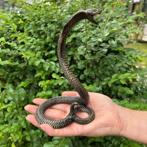 Brass Cobra Figurine Vintage Patina Snake Statue Desk Decor Tea Pet Collectible