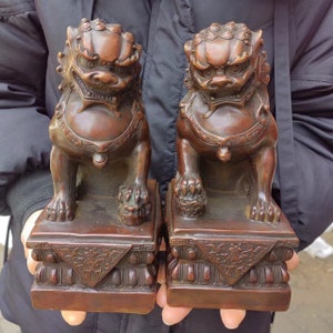 Pair Vintage style Copper Foo Lion Statue Pair Signed,Old Antiques Chinese Golden Fu Dog Guardian Lion Statues,Marked FengShui wealth PD152