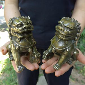 Asian Copper Evil Fu Foo Dog Lion Statue Pair Signed, Old Antiques Chinese Bronze Fu Foo Dog Guardian Lion Statues, Marked Feng Shui PDD581