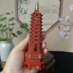 Exorcise evil spirits Talisman Feng shui Decor nine layer desk decoration ornaments Zen Brass Wenchang Tower Stupa Pagoda Red PaintingPDD101