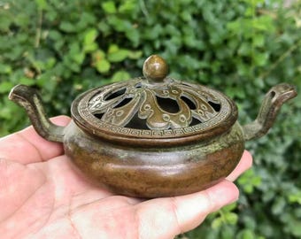 Quemador de incienso de bronce antiguo con doble asa y tapa hueca, porta incienso de cobre para varitas, decoración para ceremonia del té zen.