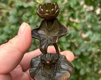 Figura de rana con pátina de bronce, porta incienso de nenúfar, decoración vintage Feng Shui