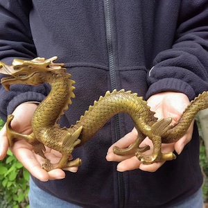 Ancient Tibet Copper Gilt Dragon Beast Statue Old Chinese Bronze 12 Zodiac Standing Dragon Statue Sculpture Patina , Wealth Fengshui Decor