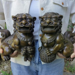 Unique Pair Vintage style Copper Fu Foo Lion Statue Pair Signed, Old Antiques Chinese Bronze Fu Foo Dog Guardian Lion Statues Marked PDD663