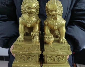 Pair Vintage style Copper Foo Lion Statue Pair Signed,Old Antiques Chinese Golden color Fu  Dog Guardian Lion Statues,Marked FengShui wealth