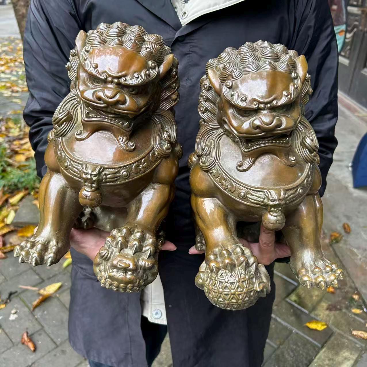 Pair Vintage Style Copper Fu Foo Lion Statues, Feng Shui Guardians