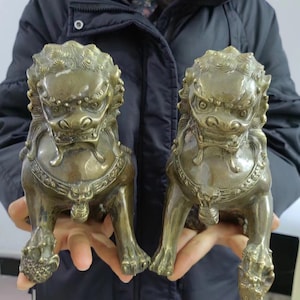 Asian Copper Evil Fu Foo Dog Lion Statue Pair Signed, Old Antiques Chinese Bronze Fu Foo Dog Guardian Lion Statues, Marked Feng Shui PDD120