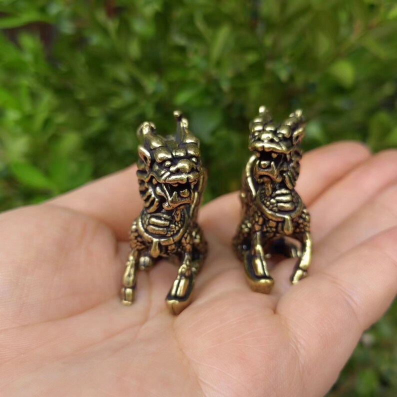 Pair Wealth QILIN Statue Feng Shui Decor Kirin,Copper kylin,Bronze unicorn Figurine,FINE Foo-Dogs Lion Temple Guardian,Fengshui DecorPDD254 image 3