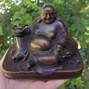 Old Copper Happy Laugh Maitreya Buddha Wealth Statue, Brass Laughing Smiling Buddha Statue Budai Figure Buddhism Happiness God of Wealth Zen