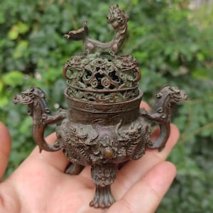 Unique Copper Incense Cone Holder, Brass incense burner, dragon pattern Burner sandalwood tranquilizing censer ceremony Zen ornaments PD641