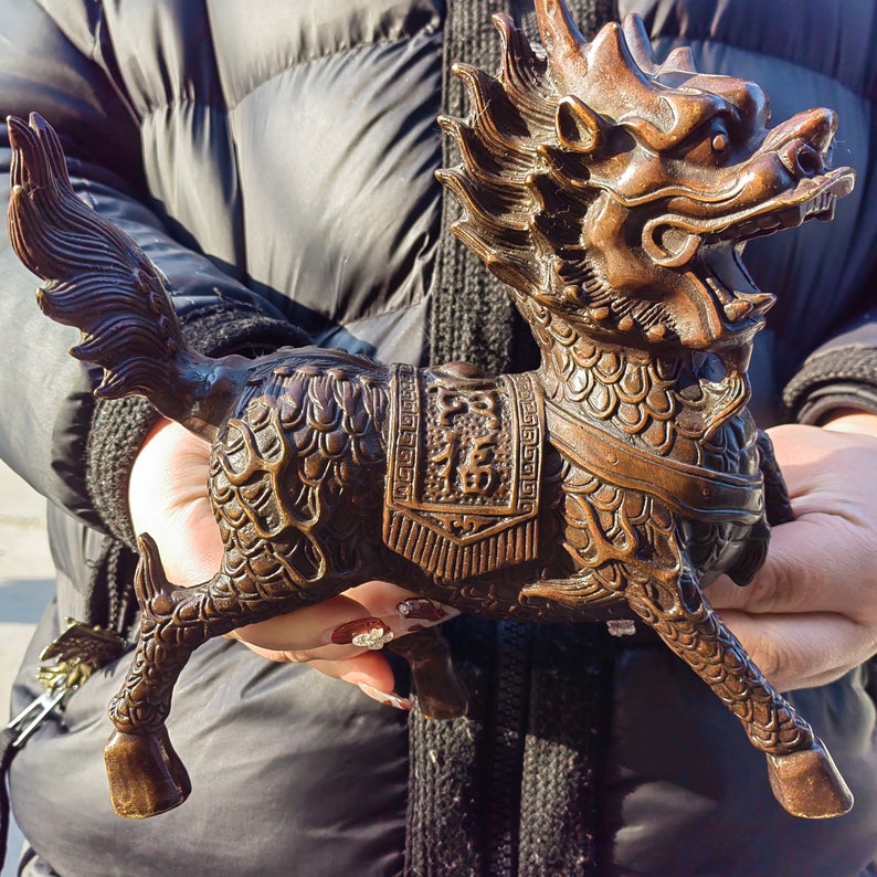 Pair Wealth QILIN Statue Feng Shui Decor Kirin Pi xiu,Copper kylin,Bronze unicorn Figurine,Foo-Dogs Lion Temple Guardian,Fengshui Decor gift image 7