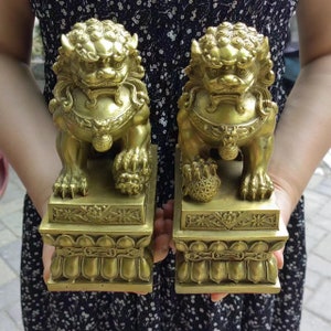 Pair Vintage style Copper Foo Lion Statue Pair Signed,Antiques Chinese Golden color Dog Guardian Lion Statues,Marked FengShui wealth PDD435
