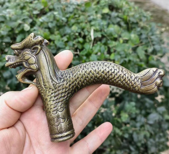 アンティーク真鍮製ドラゴンヘッド杖ハンドル、ヴィンテージスタイルの