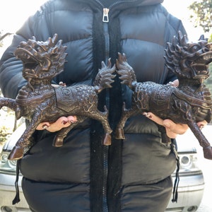 Pair Wealth QILIN Statue Feng Shui Decor Kirin Pi xiu,Copper kylin,Bronze unicorn Figurine,Foo-Dogs Lion Temple Guardian,Fengshui Decor gift image 3