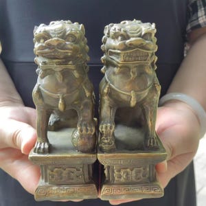Asian Copper Evil Fu Foo Dog Lion Statue Pair Signed, Old Antiques Chinese Bronze Fu Foo Dog Guardian Lion Statues, Marked Feng Shui PDD607