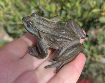 May include: A bronze frog figurine with a weathered, aged appearance. The frog is detailed with visible skin texture and is a dark green color with hints of blue. The figurine is held in a hand, with a blurred green background.