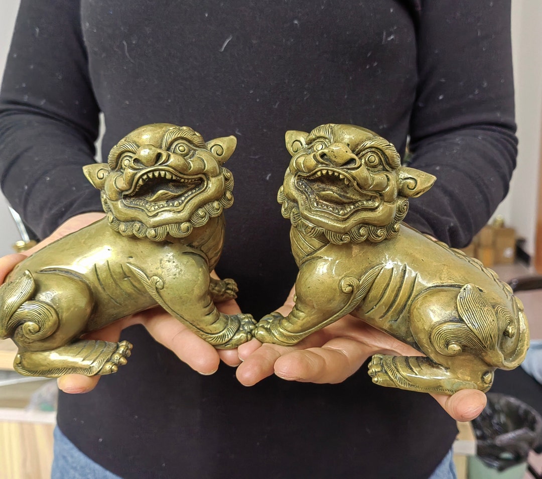 Pair Brass Pixiu Kirin Guardian Statues Feng Shui Temple Decor
