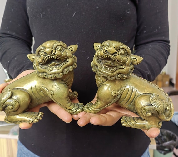 Pair Brass Pixiu Kirin Guardian Statues Feng Shui Temple Decor