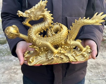 Copper Chinese Dragon Statue Feng Shui Zodiac Decor(35cm)