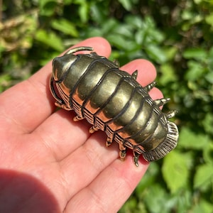 May include: A metallic brass-colored figurine shaped like an isopod or pill bug. The object features a segmented, rounded shell with a smooth, reflective surface and multiple small, pointed legs extending from the sides of its elongated body.