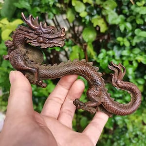Puede incluir: Una detallada escultura de dragón de madera marrón. El dragón está tallado con escamas intrincadas, una cabeza detallada y un cuerpo curvado. La escultura se sostiene en una mano sobre un fondo de follaje verde.