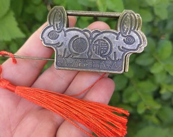 Antiqued Asian Metal Combination Lock Lucky Gift, Vintage Style Rabbit Mini Lock With Key , Zinc Alloy Key Lock Password Lock Padlock PDD739