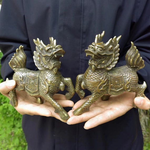 Pair Copper Qilin Statues, Feng Shui Decor, Temple Guardian - Etsy