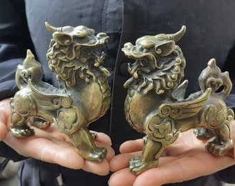 Pair Wealth Pixiu Statue Feng Shui Decor Kirin Pi xiu,Copper kylin,Bronze unicorn Figurine,dragon FooDog Lion Temple Guardian,Fengshui Decor