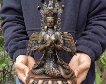 Fan Ancient bronze Five Snake God Guan Yin Kwan-Yin Buddha Statue, Snake Mother Quan-yin Bodhisattva Sculptur Buddhism Feng Shui Zen PDD242
