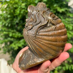 May include: A bronze-toned sculpture featuring a stylized human face integrated into a seashell form. The design showcases flowing, wavy hair textures that transition into the ribbed, curved surface of the shell, finished in a metallic brown patina.